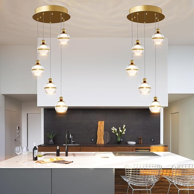 Modern Pendant Lighting Dimmable LED Hanging Pendant Light Fixtures Gold Cluster Pendant Lights Kitchen Island for Dining Room Living Room Bedroom Stairs Globe 5-Light