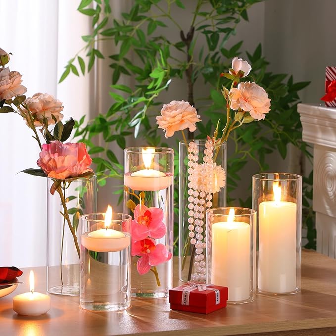 Sawysine 12 Cylinder Vases and 24 White Floating Candles for Centerpieces, 6, 8, 10 Inch Glass Hurricane Candle Holder Wedding, Tall Clear Flower Vases for Party Christmas Home Decor