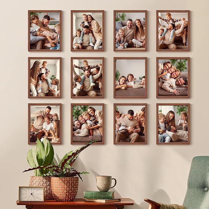 Renditions Gallery Set of 12, 8X10 Custom Photo Prints with Real Wood Picture Frames. Create Personalized Photos with Peel & Stick Photo Frames. Brown Frame