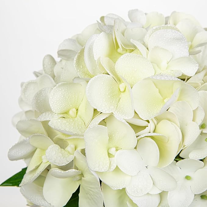 Hollyone Real Touch White Hydrangea Artificial Flowers in Vase Latex Small Faux Hydrangea Flowers Arrangements Hydrangeas Fake Flower with Glass Vase with Faux Water for Table Centerpiece Home Decor