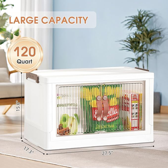 1 Tier Storage Bins with Lids, 120QT Collapsible Plastic Storage Bins, Folding Storage Boxes with Doors, Stackable Storage Organizer for Home, Office and Dorm