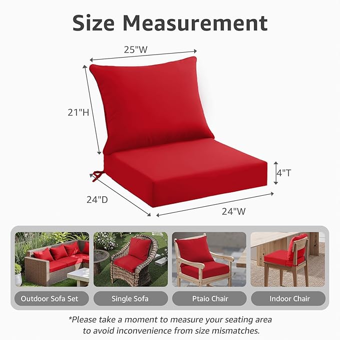 Outdoor Seat Cushion Set 24 x 24 x 4 Inch, Waterproof & Fade Resistant Patio Furniture Cushions with Removable Cover and Ties, Thick Deep Seating Pads for Outside Chair Sofa Couch, Red