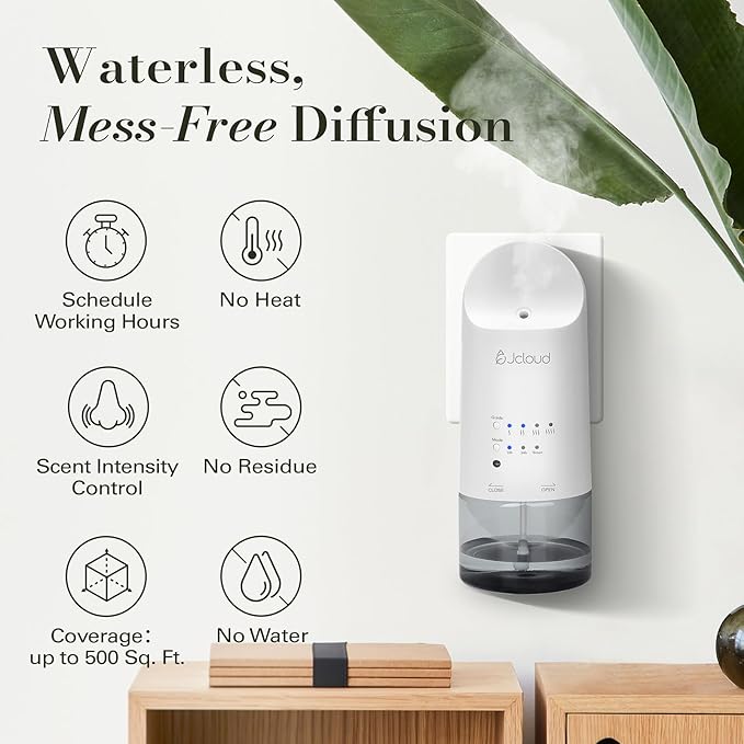 JCLOUD 2025 Plug in Diffuser for Essential Oils, Waterless Scent Diffuser Cover Up to 500 Sq. Ft. for Home, Office, Spa – Portable Smart Wall Diffuser 160ML, White