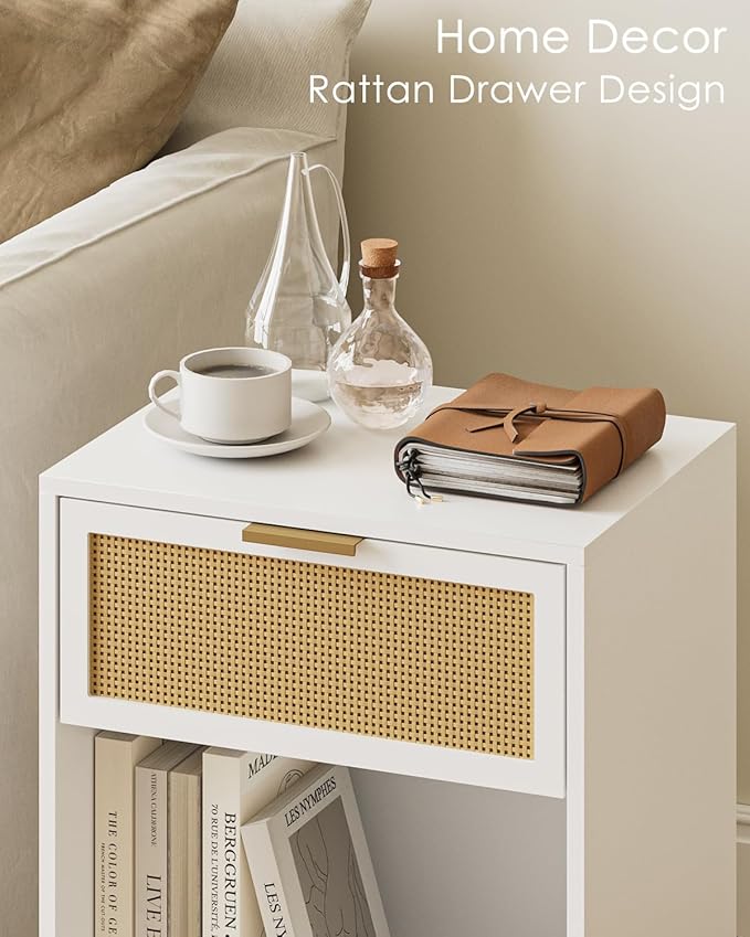 Masupu Rattan Nightstand,Modern Night Stand Boho Farmhouse Wood Bedside Table with Storage Drawer Side End Table for Bedroom,Living Room,Office,White