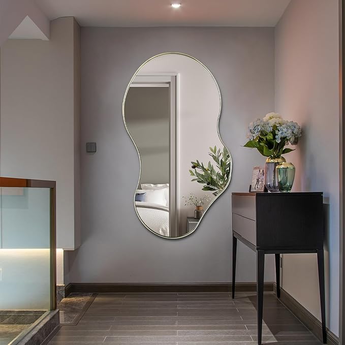 Irregular Wall Mirror, 46"x26" Asymmetrical Mirrors with Gold Metal Frame, Waved Shaped Decorative Mirrors for Living Room Bathroom Bedroom Hallway Entryway Fireplace