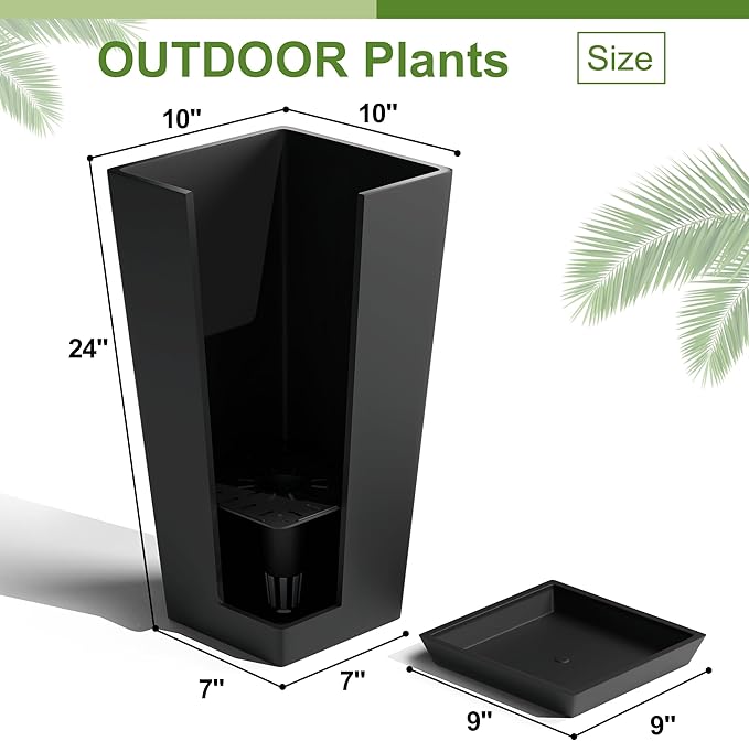 24-Inch Tall Planters Set of 2 for Outdoor and Indoor Use, Tapered Flower Pots with Drainage Tray, Front Porch and Patio Decor, Ideal for Large Plants – Black