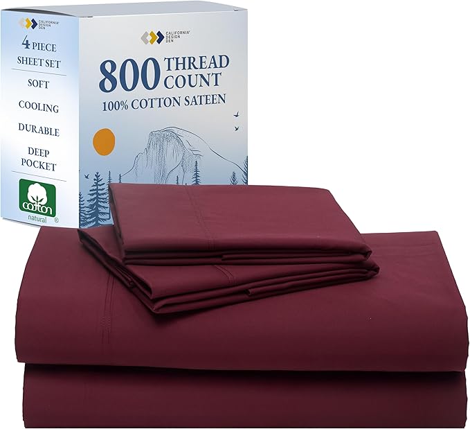 California Design Den Natural 100% Cotton Sheets King Size Deep Pocket Set - Luxury Hotel 800 Thread Count Sateen, King Size Sheets Set, Anti-Skid Elastic for a Snug Fit, Cool and Durable - Red Wine