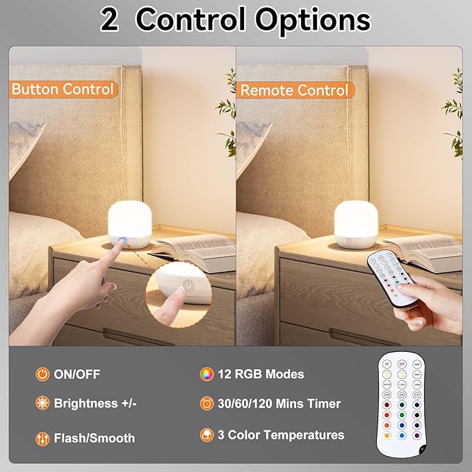 SUNMORY Rechargeable Night Light, Table Lamp for Bedroom, Dimmable Bedside Lamp with Magnetic Charging Station, Small Nightstand Lamp, LED Lights with 12 RGB Colors, Timer & Remote Control