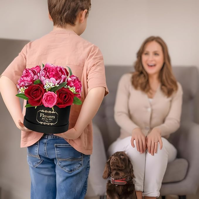 Hollyone Red Artificial Peonies Roses in Vase Round Gift Boxes with Fake Flowers Arrangements Faux Flowers Floral in Box Vase for Her Mothers' Day Valentine's Day Christmas Birthday Graduation Gift