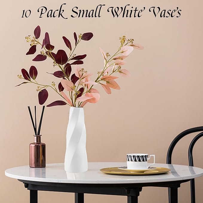 10 Pack White Vases, 8 Inch Plastic White Bud Vases Bulk for Flowers Pampas Grass, Tall Unbreakable Ceramic Look Small Plastic Flower Vases for Centerpieces Home Table Decor