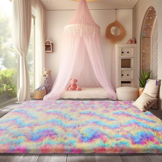 Rainbow Area Rugs for Girls Bedroom, 6x9 Fluffy Fuzzy Shaggy Carpet for Kids Playroom Nursery Living Room, Thick Soft Plush Mat for Kids Baby Boys Teen Dorm Home Decor Aesthetic