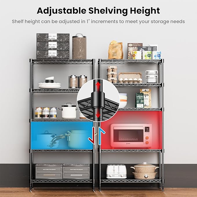 72" H Storage Shelves 5 Tier Wire Shelving with Shelf Liners, Adjustable Metal Garage Shelving, 1325LBS Heavy Duty Commercial Storage Rack for Pantry Kitchen, 35" W x 16" D x 72" H, Black