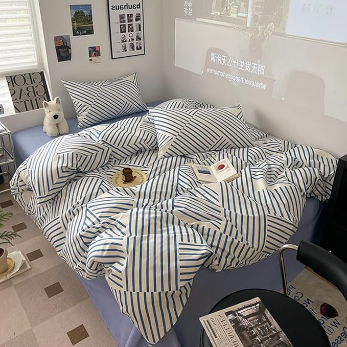 VM VOUGEMARKET Blue Geometric Duvet Cover Set, 100% Cotton Stripes Bedding Set,3 Pieces Instagram Style Simple Modern Duvet Cover with 2 Pillowcases-Queen,Blue Stripes
