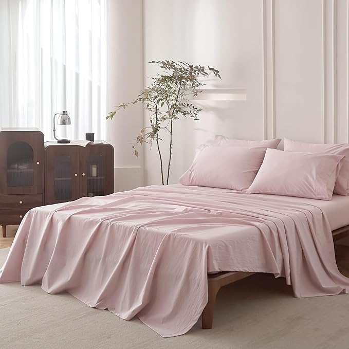 6PS Linen Like Bedding Sheet Sets Greyish Pink Cotton Bedding Set Oeko-TEX Standard 100% Washed Cotton Deep Pocket King Size Fitted Sheet Plus Cozy Flat Sheet and 4 Pillowcases