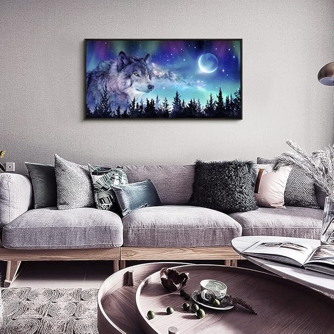 Framed Canvas Wall Art - Large Size Aurora Scenery Paintings - Abstract Wolf Wall Pictures - Black Framed 24" X 48" - For Living Room, Bedroom & Office Decor