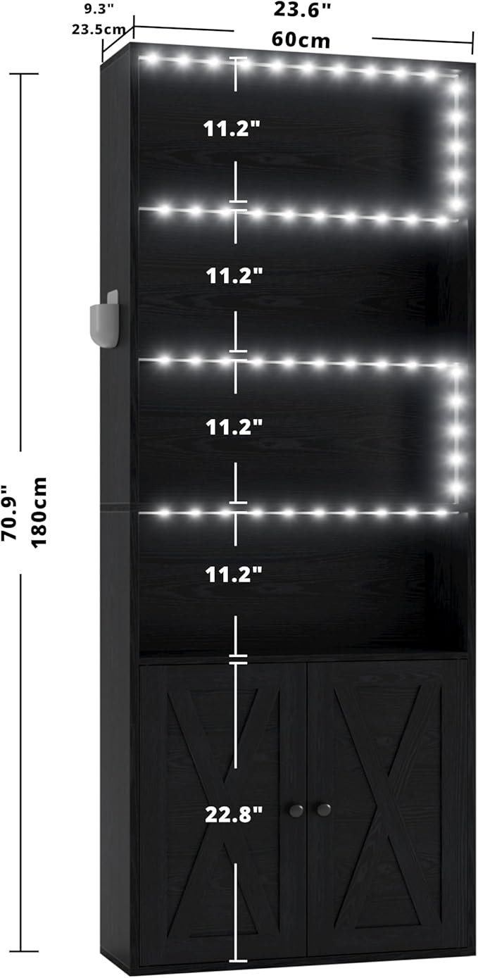 IRONCK Tall Bookcase with LED Lights, 70 in Industrial Bookshelf Display Shelf Floor Standing for Home Office, Living Room, Bed Room