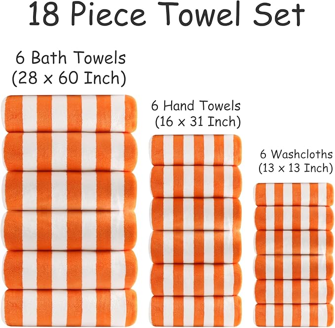 18 Pcs Orange Cabana Stripe Family Towels Set with Hanging Loop-6 Bath Sheets,6 Hand Towels,6 Washcloths Ultra Soft Bathroom Towel Highly Absorbent Quick Dry Shower Towel for Beach Chair,Spa,Gym,Hotel