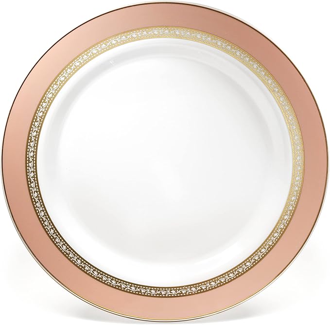 " OCCASIONS " 240 Plates Pack,(120 Guests) Heavyweight Premium Disposable Plastic Plates Set -120 x 10.5'' Dinner + 120 x 7.5'' Salad/Dessert (Ritz Blush and Gold)