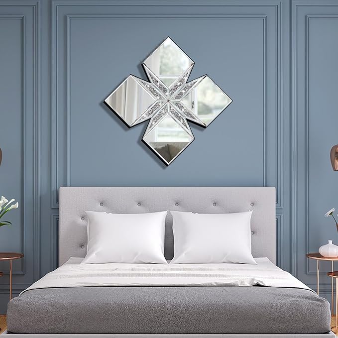 Crushed Diamond Decorative Mirror 22.25x22.25” Diamond Shape Glass Wall Mirror for Home Decoration, Exquisite Accent Wall Decor