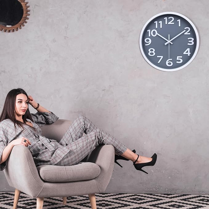 Wall Clock 12 Inch Silent Non-Ticking Battery Operated Clock Big Numbers Easy to Read Wall Clocks Decorative for Bathroom Office Kitchen Bedroom (Gray)