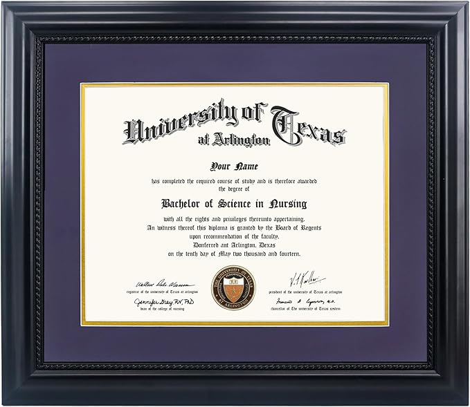 11x14 Diploma Degree Frame with Purple Mat or Display 15x18 Certificates without Mat,Solid Wood,Black Finish with Intricate Black Rope Detail,UV Protection Acrylic