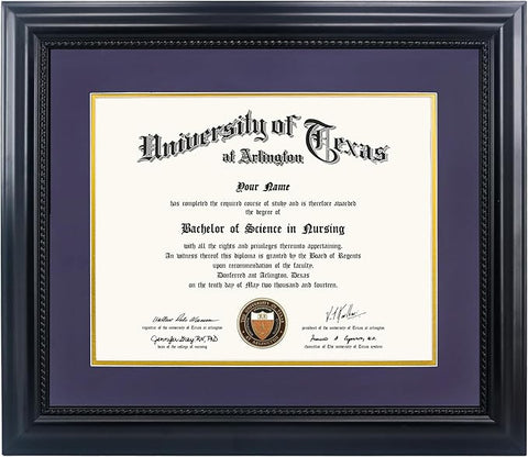 11x14 Diploma Degree Frame with Purple Mat or Display 15x18 Certificates without Mat,Solid Wood,Black Finish with Intricate Black Rope Detail,UV Protection Acrylic