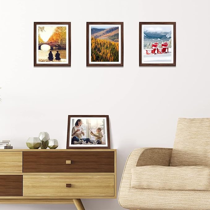 Giftgarden Brown 8x10 Picture Frame Set of 4, 9x11 Frames with Mat for 8” by 10” Photos, Rustic Walnut Wood-Color Frames for Wall or Tabletop