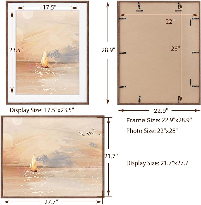 22x28 Picture Frame in Walnut, 22 x 28 Poster Frame for Wall, Solid Oak Wood Picture Frame 22"x28" with Glass, 22x28 Frame Matted to 18x24, 28x22 Wood Frame, 22 by 28 Art Frame, Walnut Color, 1 Pack