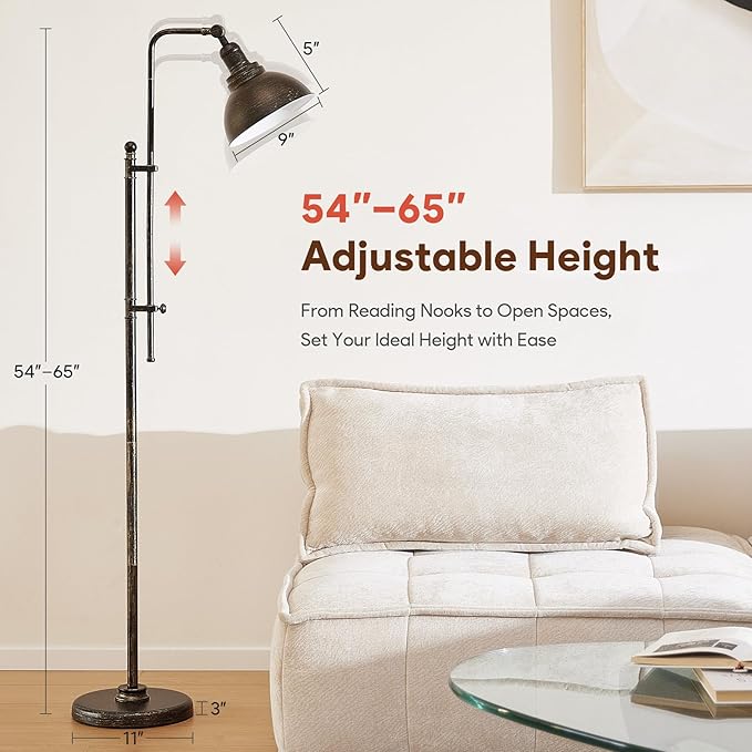 VONLUCE Floor Lamp for Living Room, 65'' Tall Industrial Floor Lamp, Adjustable Height & Head Vintage Metal Standing Reading Pole Lamp for Bedroom, Office, Farmhouse