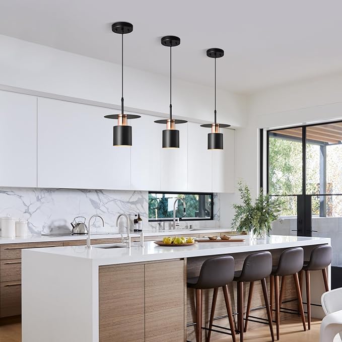 Black Pendant Light Fixture,Modern Hanging Lamp Adjustable Height, Industrial Ceiling Pendant Lighting for Kitchen Island Living Room, Bedroom, Hallway, Bar, Cafes(3-Pack)
