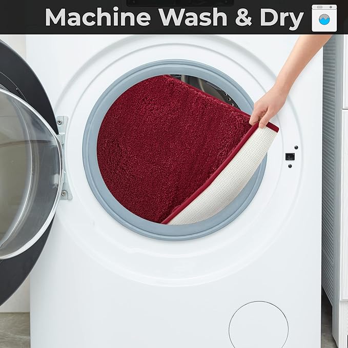 YHF Bathroom Rug Set 2 Piece, Extra Thick & Soft Microfiber Shaggy, Machine Washable Bath Mats, Absorbent Bath Rugs, Non-Slip Rubber Backing Bath Mat for Bathroom Floor, Tub and Shower, Burgundy