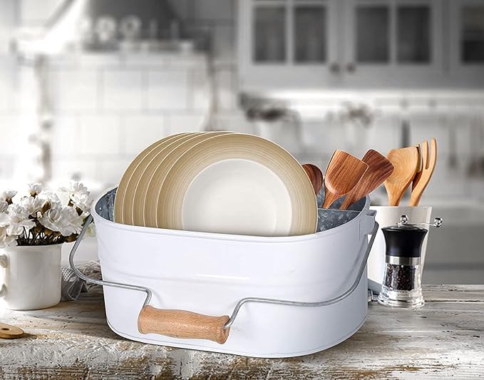 Alpha Living Home Rustic Galvanized Heavy Duty Metal Utensil Caddy – 4-Compartment Organizer with Removable Handle, White Farmhouse Chic Design for Kitchen, Picnics & Parties (White)