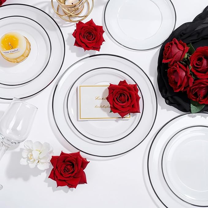LIYH 120 Pcs Black Plates Disposable for Party - Clear Plastic Disposable Heavy Duty Plastic Party Wedding Plates Including 60 Dinner Plate 10.25" & 60 Dessert Plate 7.5 "