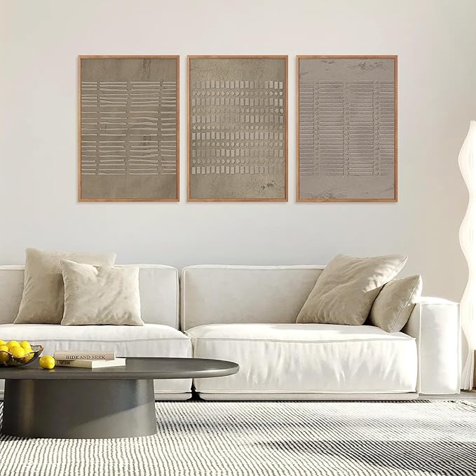 Large Abstract Brown Beige Framed Canvas Wall Art,Modern Lines Dots Wall Decor,Boho Neutral Minimalist Artwork,Mid Century Geometric Art Print for Living Room,Bedroom,Office-24 x36 x3