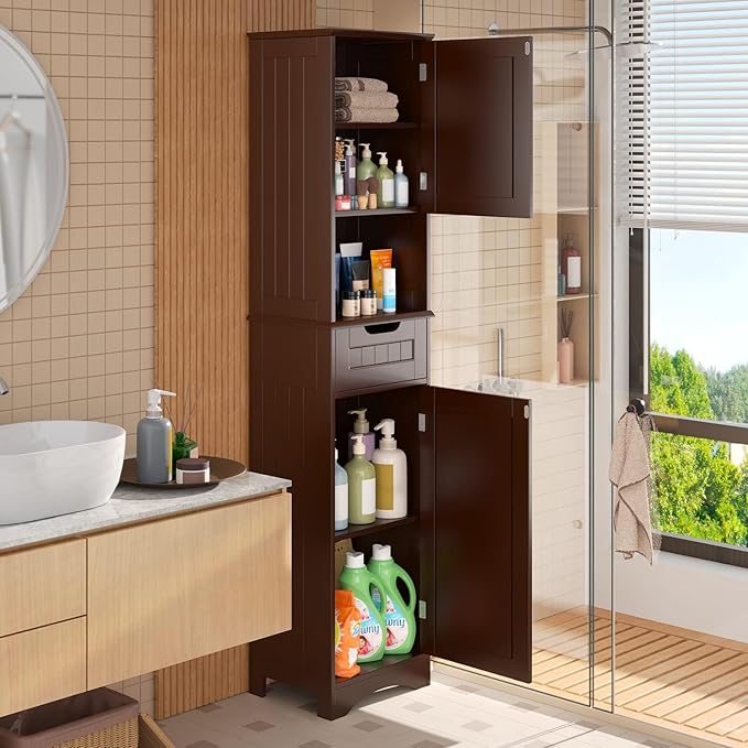 Gizoon 67" H Tall Bathroom Cabinet, Storage Cabinet with 2 Doors & Drawer, Narrow Linen Tower Freestanding Adjustable Shelves for Home, Kitchen, Versatile, Anti-Tipping, Dark Brown