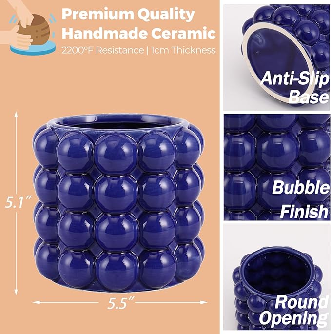 Bubble Vase, Small Vase, Blue Ceramic Vase, Short Vase, Ceramic Flower Vase, Unique Vase Home Decor, Decorative Vase for Flowers, Living Room, Bedroom, Office, Shelf, Coffee Table, 5 Inches