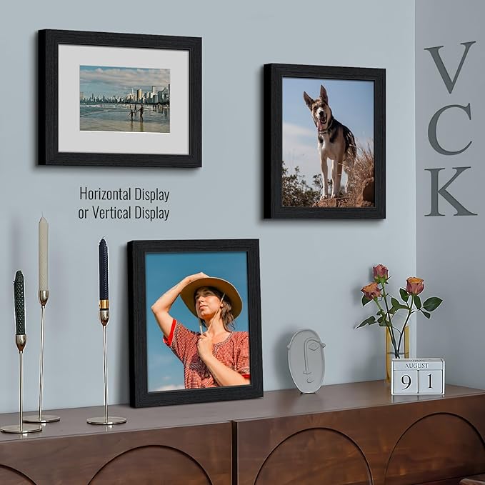 VCK 8x10 Picture Frame 2 Pack, Natural Wood Grain Black Oak & HD Glass, Display 5x7 Photos with Mat or 8x10 without Mat, Tabletop or Wall Hanging