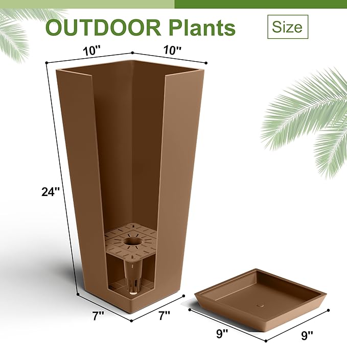 24-Inch Tall Planters Set of 2 for Outdoor and Indoor Use,Tapered Flower Pots with Drainage Tray, Front Porch and Patio Decor,Ideal for Large Plants (Brown)