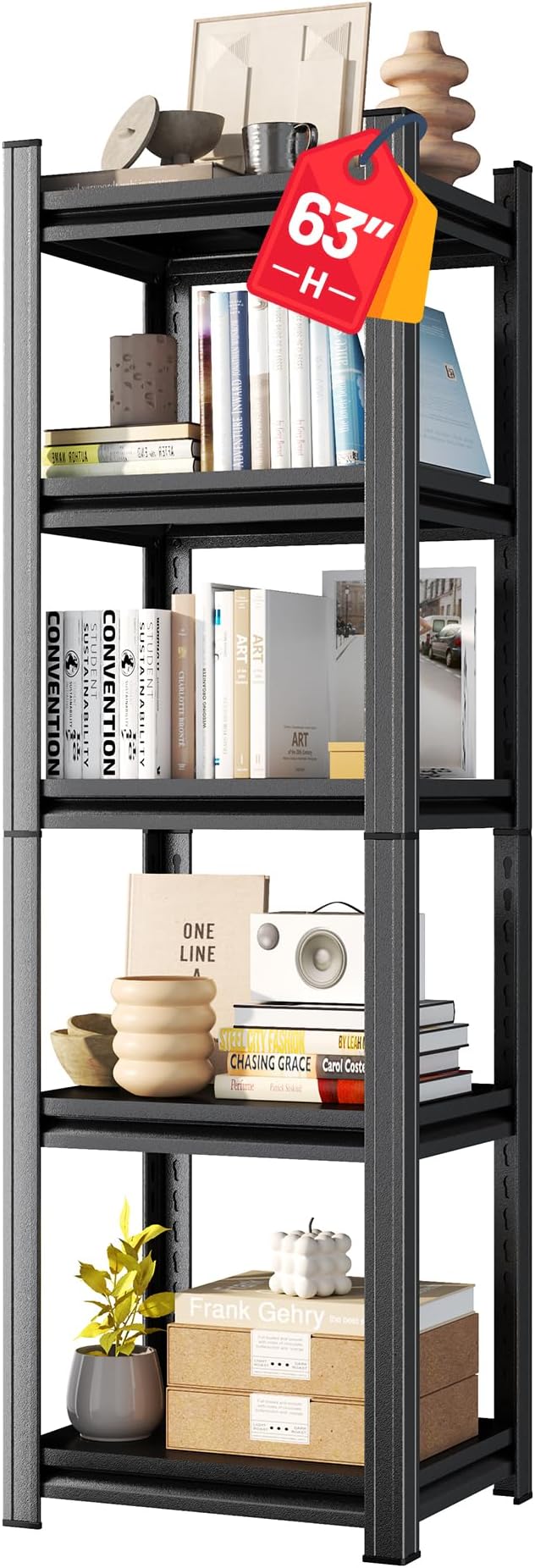 5-Tier Bookshelf, Metal Book Shelf, Adjustable Bookcase, Tall Shelves in Living Room/Home/Office/Kitchen/Bedroom, Storage Organizer for CDs/Books/Movies, Modern, Black
