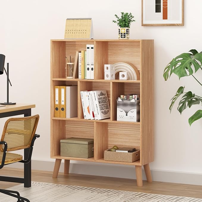 LEYAOYAO 7 Cube Bookshelf, 3 Tier Modern Bookcase with Legs, Mid-Century Modern Wood Book Shelves Storage, Boho Natural Book Case, Freestanding Organizer Display Shelf for Bedroom,Living Room,Office