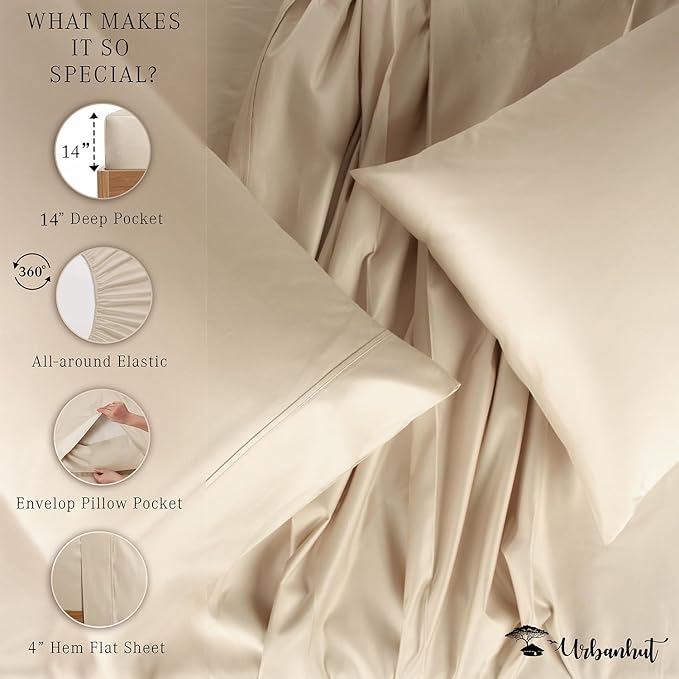 URBANHUT 700 Thread Count Egyptian Cotton Sheets Full Size, 4Pc Sheet Set Soft Luxury Bed Sheets for Full Size Bed, Sateen Weave Hotel Sheets, 14'' Elasticized Deep Pocket - Sand