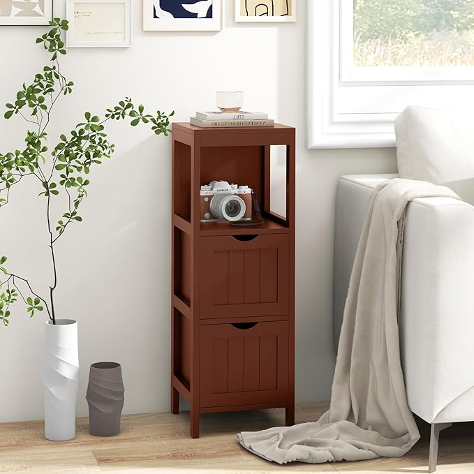 Tangkula Small Bathroom Storage Cabinet with 2 Removable Drawers, Wood Freestanding Floor Cabinet for Bathroom, Anti-Tipping Device, Side Corner Cabinet for Small Spaces (Brown)