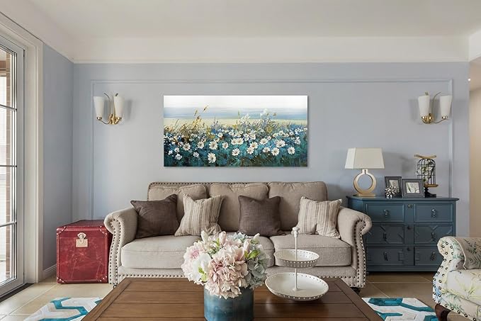 Arjun Flowers Wall Art Canvas White Daisy Floral Painting Blue Coastal Teal Landscape Picture Turquoise Textured Large Framed Artwork for Living Room Bedroom Bathroom Office Home Wall Decor, 48"x24"