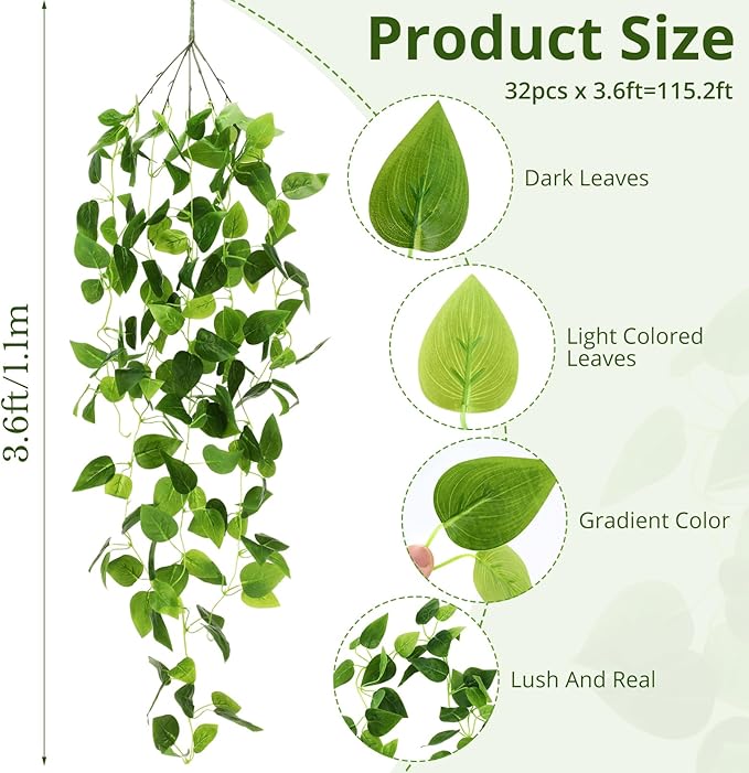 XunYee 32 Pcs Artificial Hanging Plants 3.6FT Fake Hanging Plants for Living Room Fake Ivy Vine Plastic Faux Hanging Plant for Wall House Room Garden Wedding Garland Indoor Outdoor Decor, No Basket