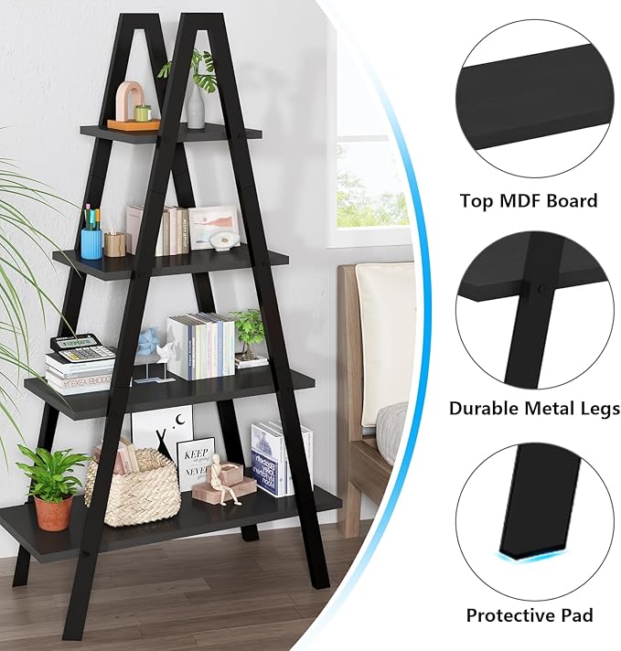 DKLGG 4-Tier A-Shaped Bookshelf, Industrial Metal Bookcase, Standing Bedroom Ladder Shelf, Open Display Shelves, Plant Stand Shelf Indoor, MDF Bookshelves for Living Room, Office, Small Spaces