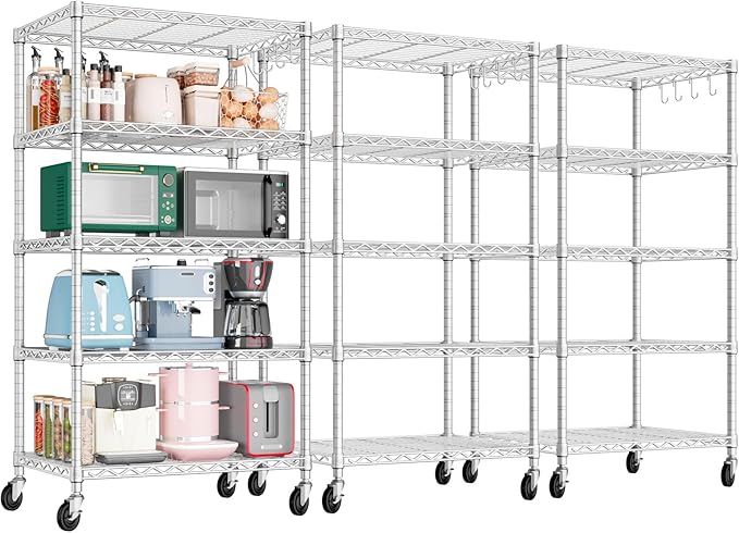 PrimeZone 3 Pack Steel Storage Wire Shelving 5 Tier Metal Shelves with Wheels,Adjustable Kitchen Utility Shelving Unit,Pantry Rack Rolling Metal Shelf Laundry,Chrome 24" Wx18 Dx75 H