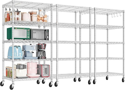 PrimeZone 3 Pack Steel Storage Wire Shelving 5 Tier Metal Shelves with Wheels,Adjustable Kitchen Utility Shelving Unit,Pantry Rack Rolling Metal Shelf Laundry,Chrome 24" Wx18 Dx75 H