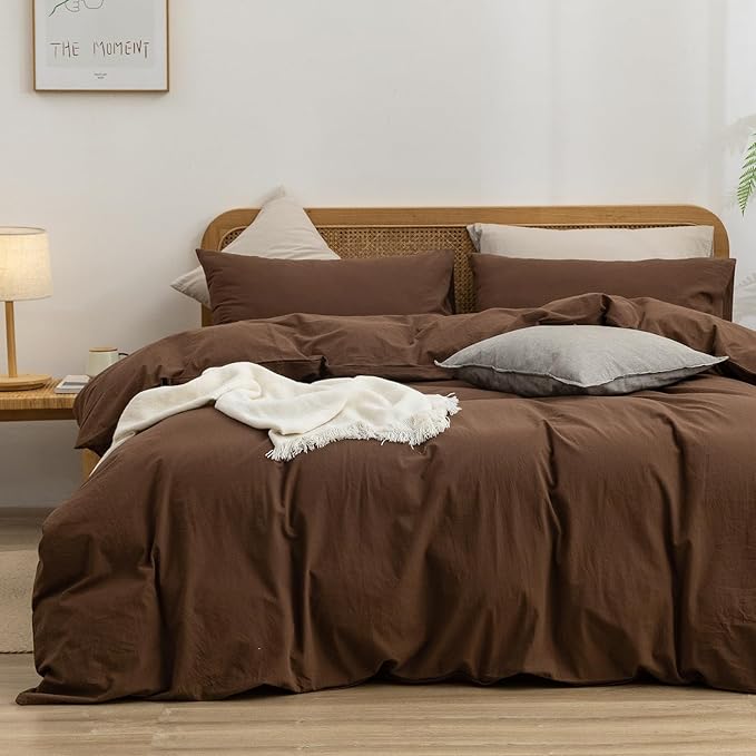 BESTOUCH Duvet Cover Set 100% Washed Cotton Linen Feel Super Soft Comfortable Chic Lightweight 3 PCs Home Bedding Set Solid Cocoa Brown Full/Double