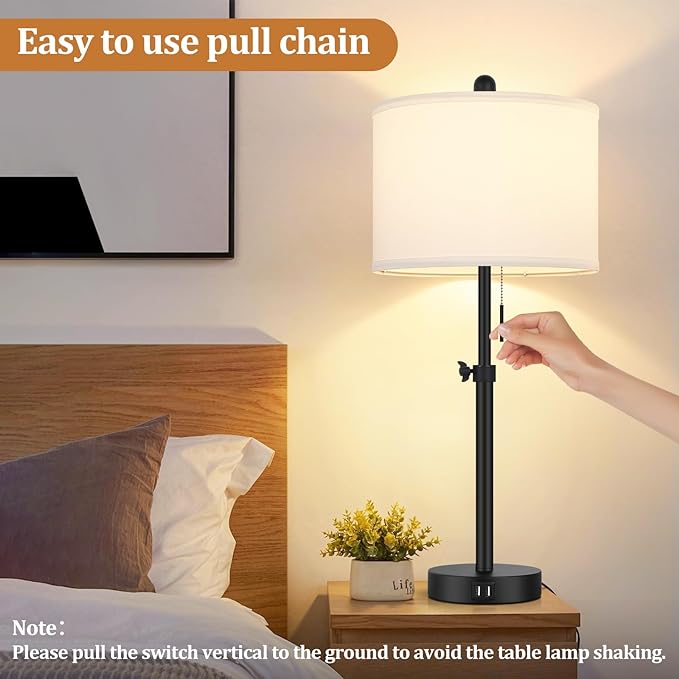 Table Lamp for Bedroom Set of 2, 23" to 30" Height Adjustable Bedside Lamp with 2 USB Ports, Black Nightstand Lamp with White Shade, Modern Pull Chain Table Lamp for Living Room End Table