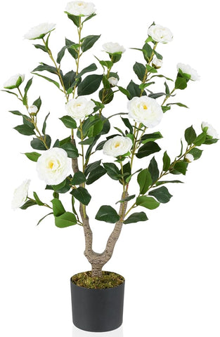 Goplus 36’’ Artificial Camellia Tree, Flower Plants Artificial Tree, Faux Floral Plant Blooming Tree in Nursery Pot, Greenery Potted Plant for Indoor Office Home Porch Decor, White